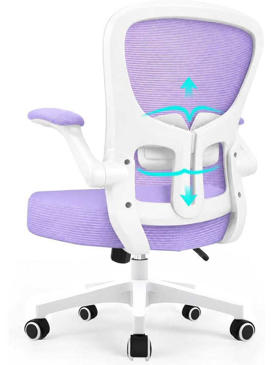 Schreibtischstuhl mit ergonomischer Lordosenstutze Netzrucken und klappbaren Armlehnen in Violett
