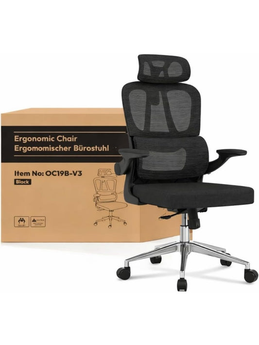 Ergonomischer Burostuhl mit dynamischer Lendenstutze klappbaren Armlehnen und Kopfstutze