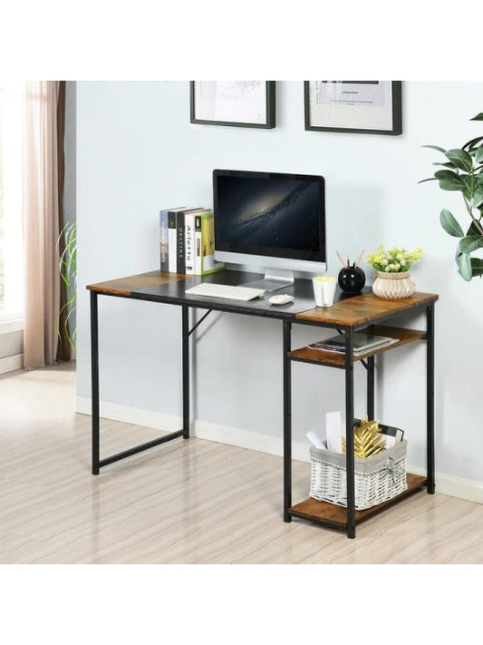 Computertisch 120 x 60 x 74 cm mit Ablageflachen und Metallgestell in Vintage Braun und Schwarz