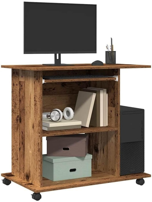 Rollbarer PC Tisch in Altholzoptik 80 x 50 x 75 cm mit Tastaturauszug fur Arbeitszimmer und Gaming