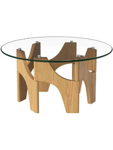 Runder Couchtisch aus Klarglas mit Gestell in Holzoptik
