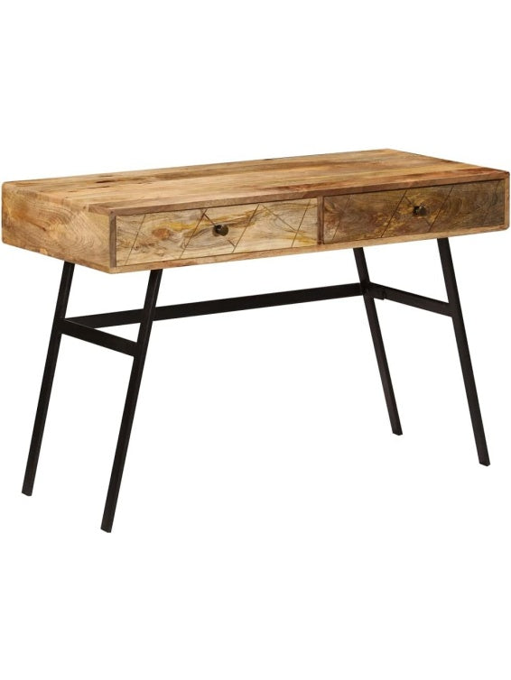 Massivholz Schreibtisch aus Mangoholz 110 x 50 x 76 cm mit zwei Schubladen und Stahlbeinen